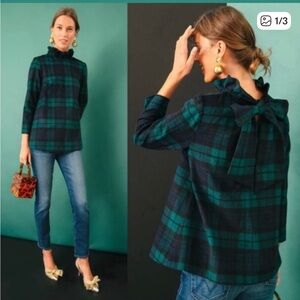 TUCKERNUCK Blackwatch Plaid Faye Blouse Green Blue Wool Plaid Top Bow